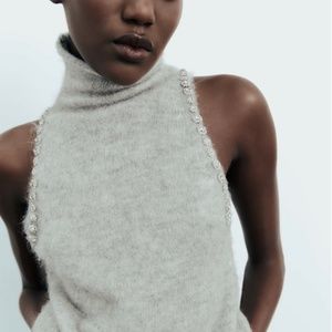 Zara Sleeveless Knit Top in Gray with Crystal Embellishments